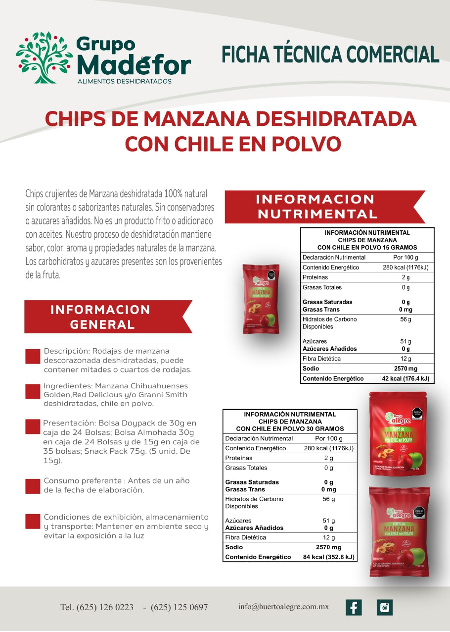 Caja con 30 Bolsas de 30 grs.  de Chips de Manzana con Chile en Polvo